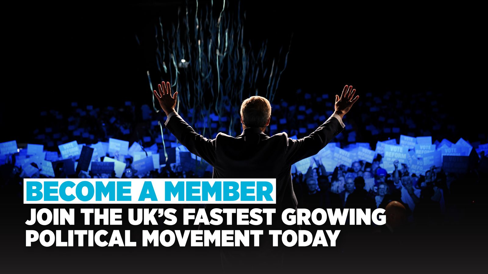 Person with raised arms in front of a crowd with text promoting membership in a political movement.